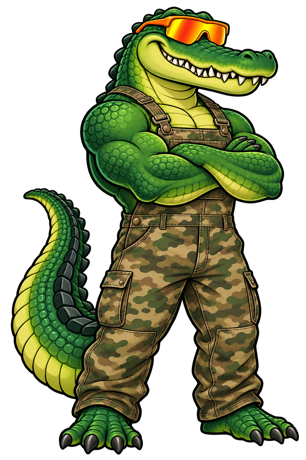 Gator State mascot: a cartoon alligator in camouflage overalls and mirrored sunglasses, with no hat